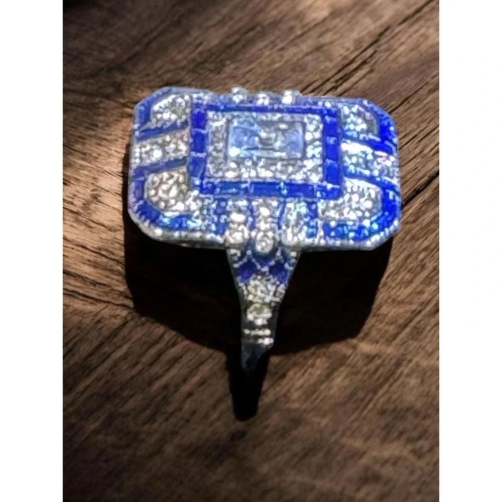 Art Deco Style Blue White Geometric Statement‎ Cocktail Ring Size 8.5